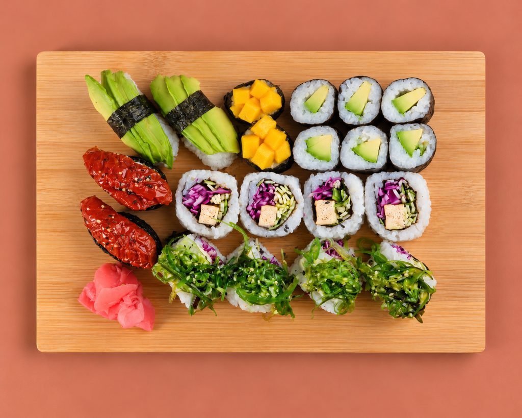 Tábua vista de cima com nigiri de abacate, uramaki de legumes e rolos com salada de algas, sobre fundo coral.